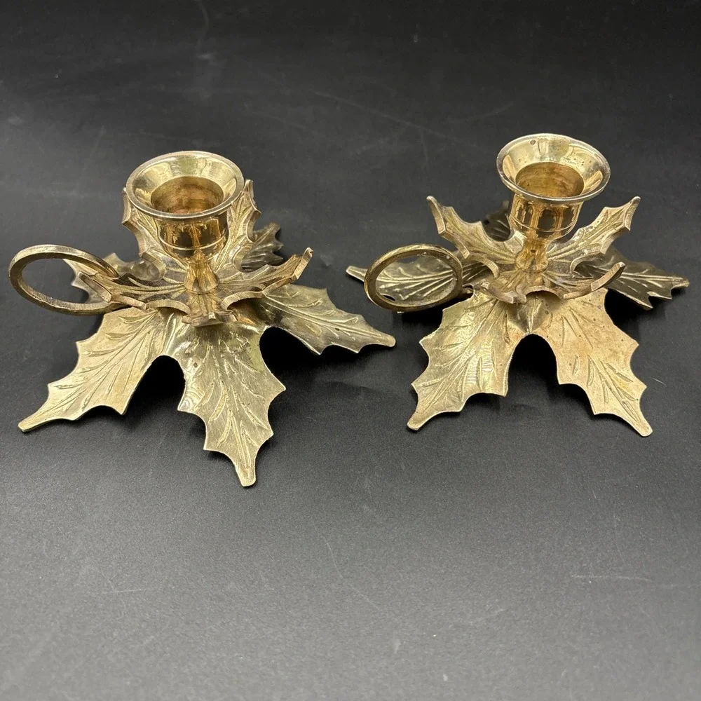 VTG  Brass Chambersticks Candle Holders  Leaf Fall Decor W/Finger Loop 8